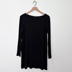 Eileen Fisher Bateau Neck Long Tunic Black Side Slits Front Seam Size Small